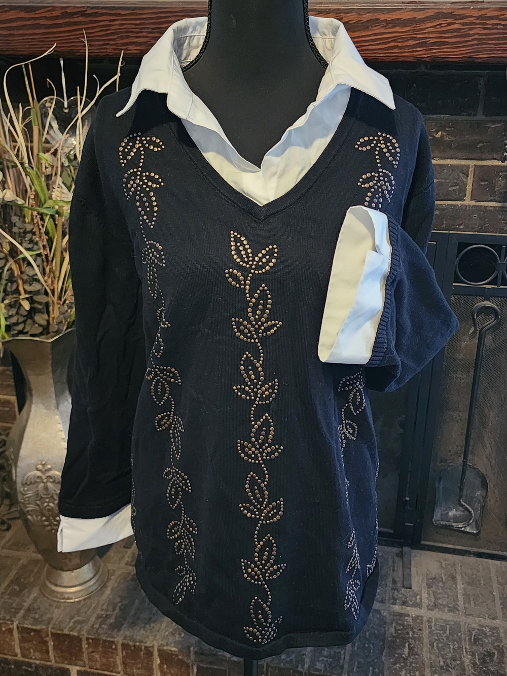 Black V-Neck Studded Sweater Top with White Collar